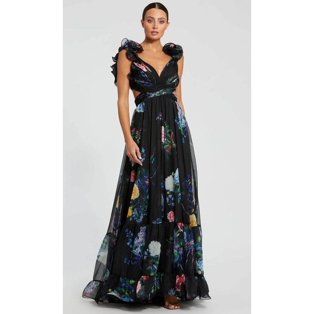 Mac Duggal Floral Chiffon Ruffle Gown 68746 Black Multi Cutout Lace Up Back Sz 2
